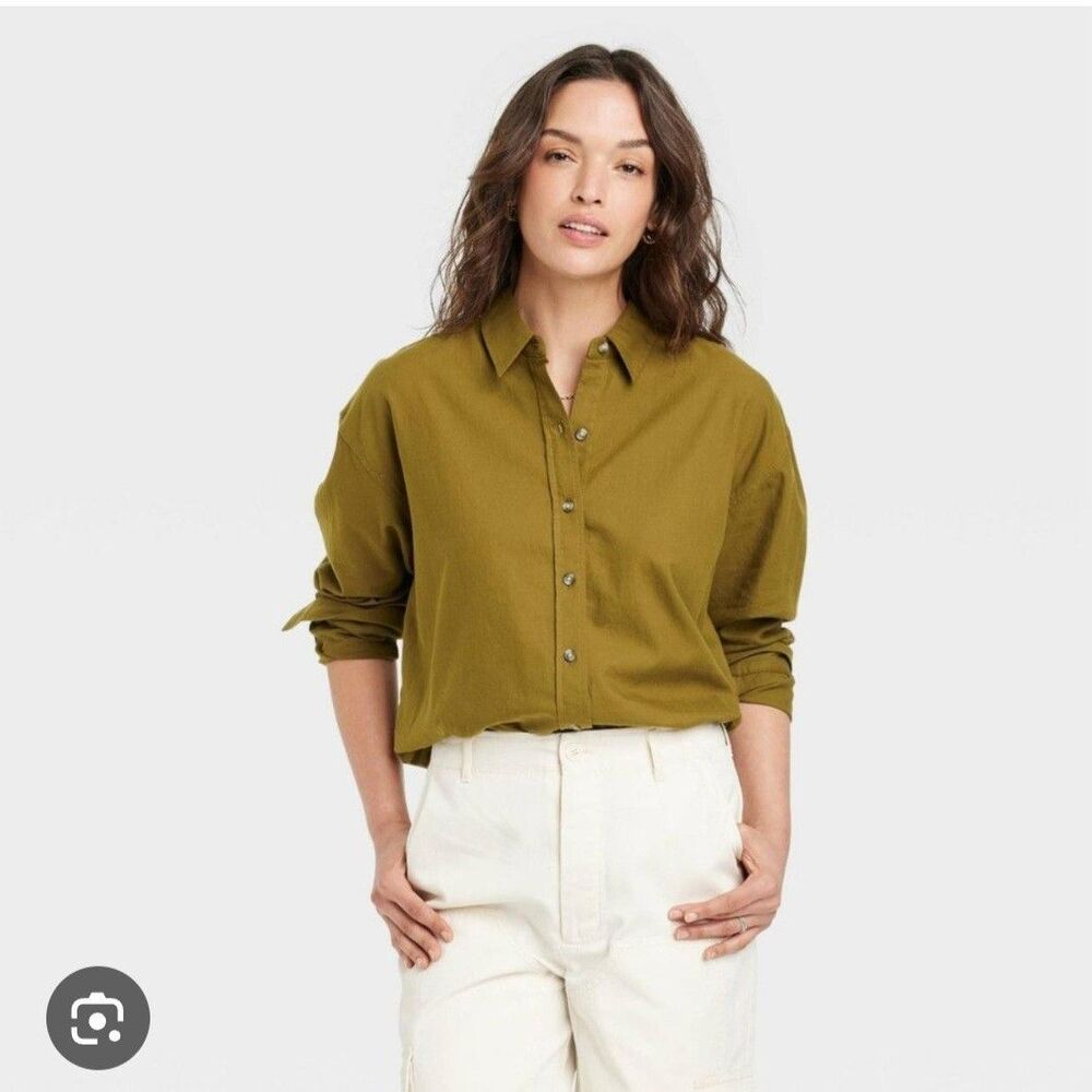 NEW Universal Thread Olive Green 100% Cotton Oversized Fit Button Up Shirt